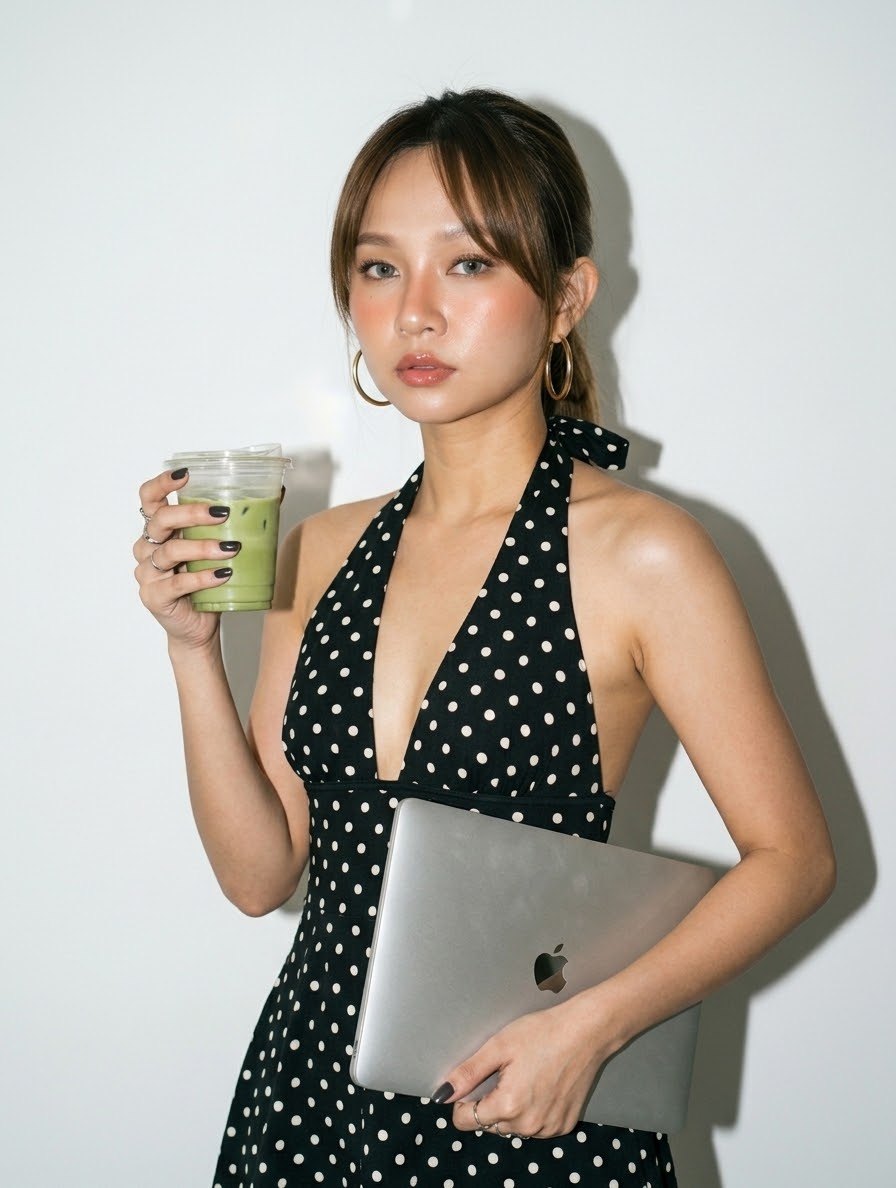 นางแบบ AI ในเดรสลายจุด ถือแมทชาลาเต้และแล็ปท็อป